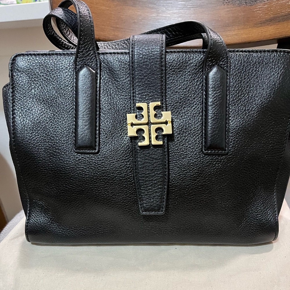 TORY BURCH PLAQUE PRE-LOVED AUTHENTIC GENUINE BLACK PEBBLED LEATHER SATCHEL